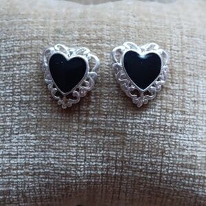 Silver Tone Black Heart Post Earrings